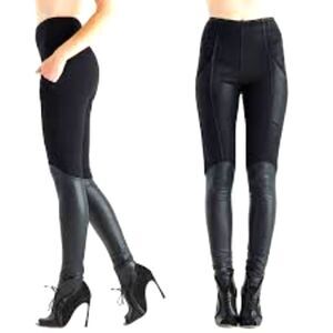 Minxx HI Rise Black Leggings, Faux Leather Shins Size Small, NWT